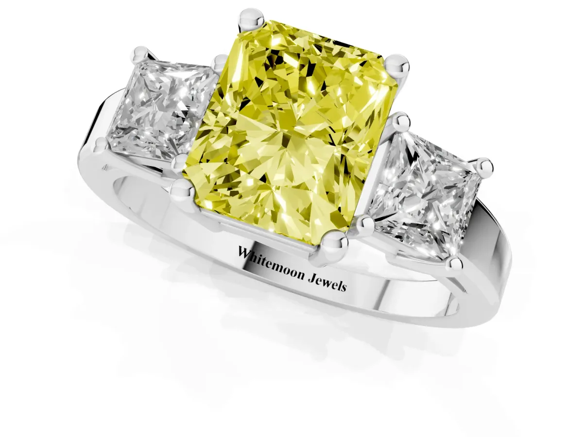 Fancy Yellow Three-Stone Radiant Cut Cut Solitaire Ring with Prong Setting Silver