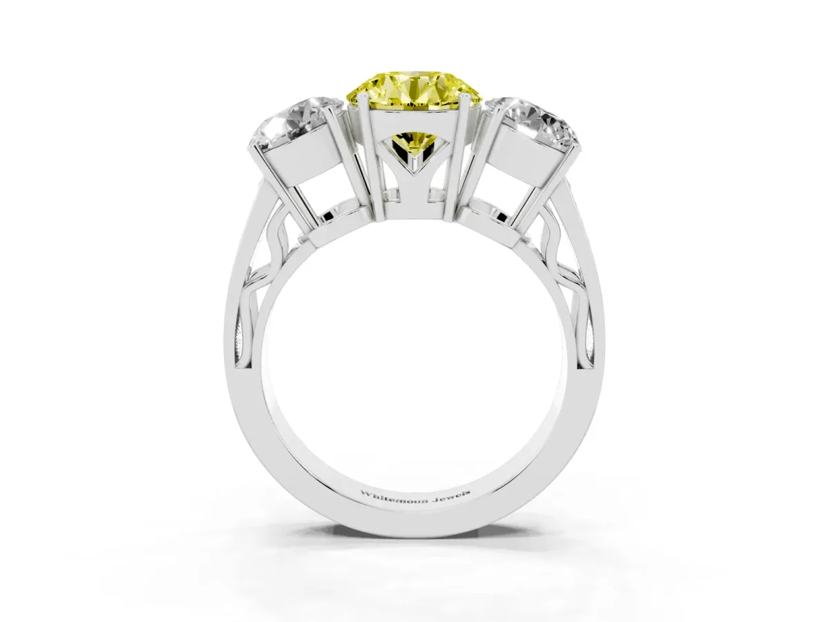 Fancy Yellow Round Cut Diamond Three-Stone Ring with Prong Setting and Textured Band Silver