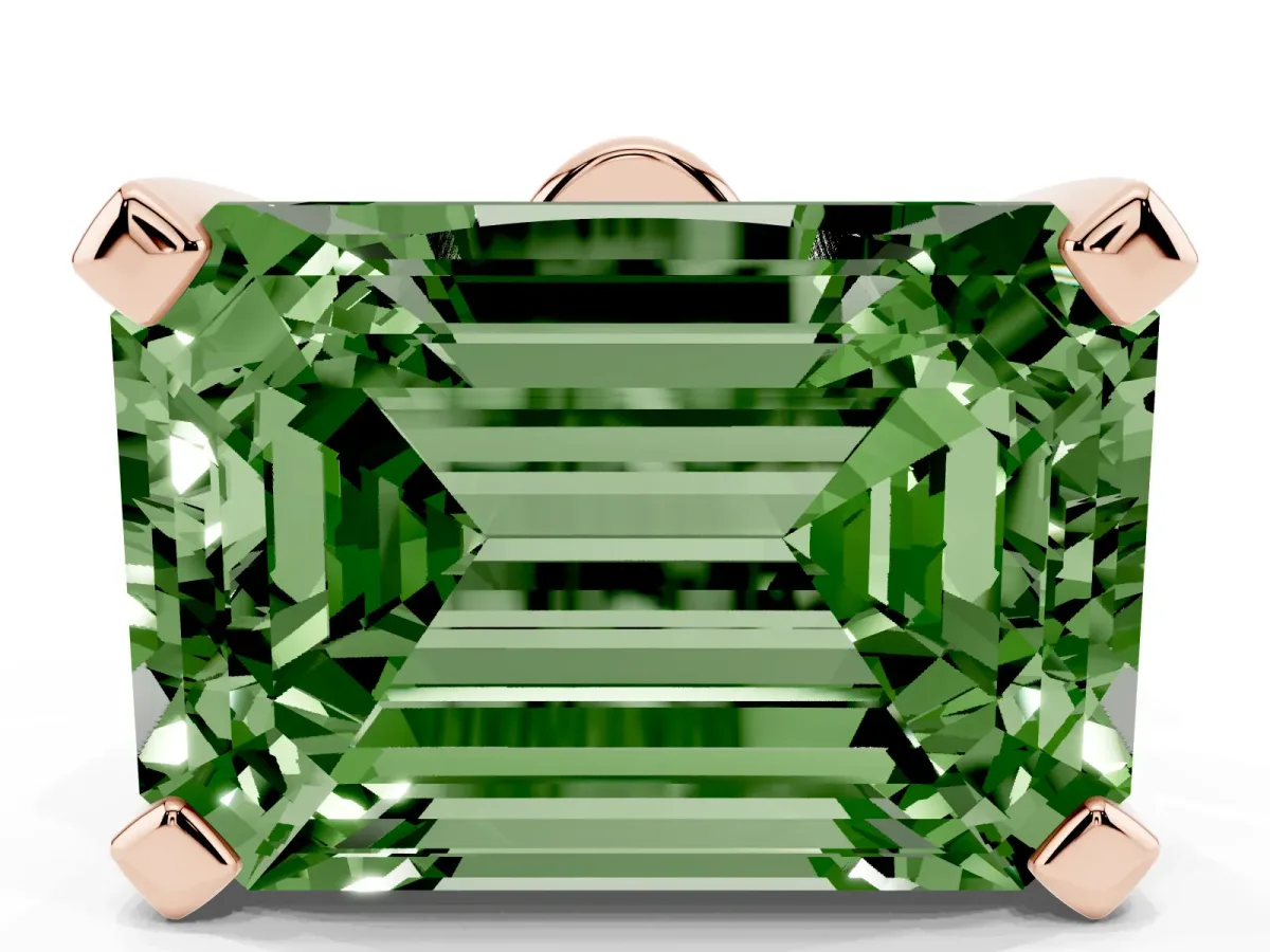 Fancy Green Emerald Cut Diamond Solitaire Ring with Prong Setting and Classic Band Rose gold