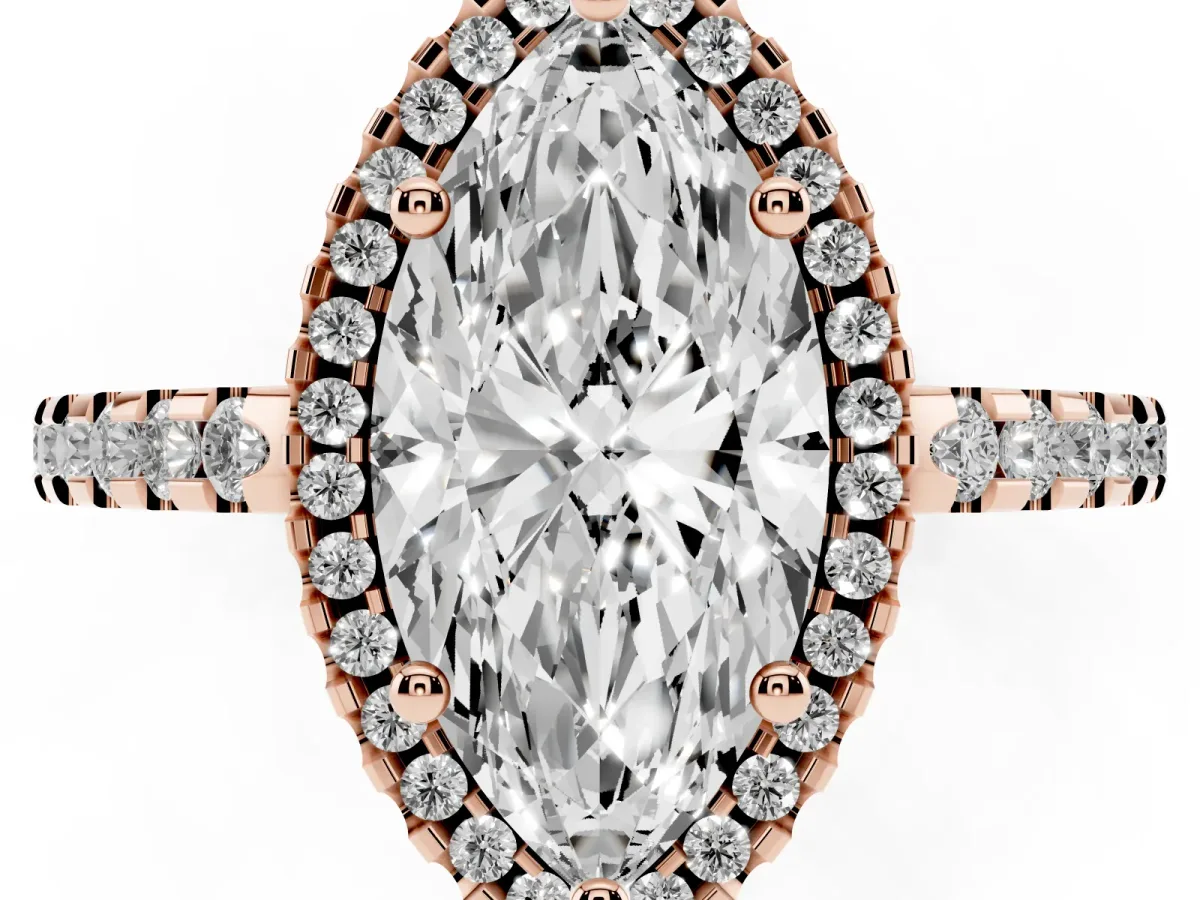 Marquise Cut Diamond Halo Engagement Ring with Pavé Band and Prong Setting Rose gold