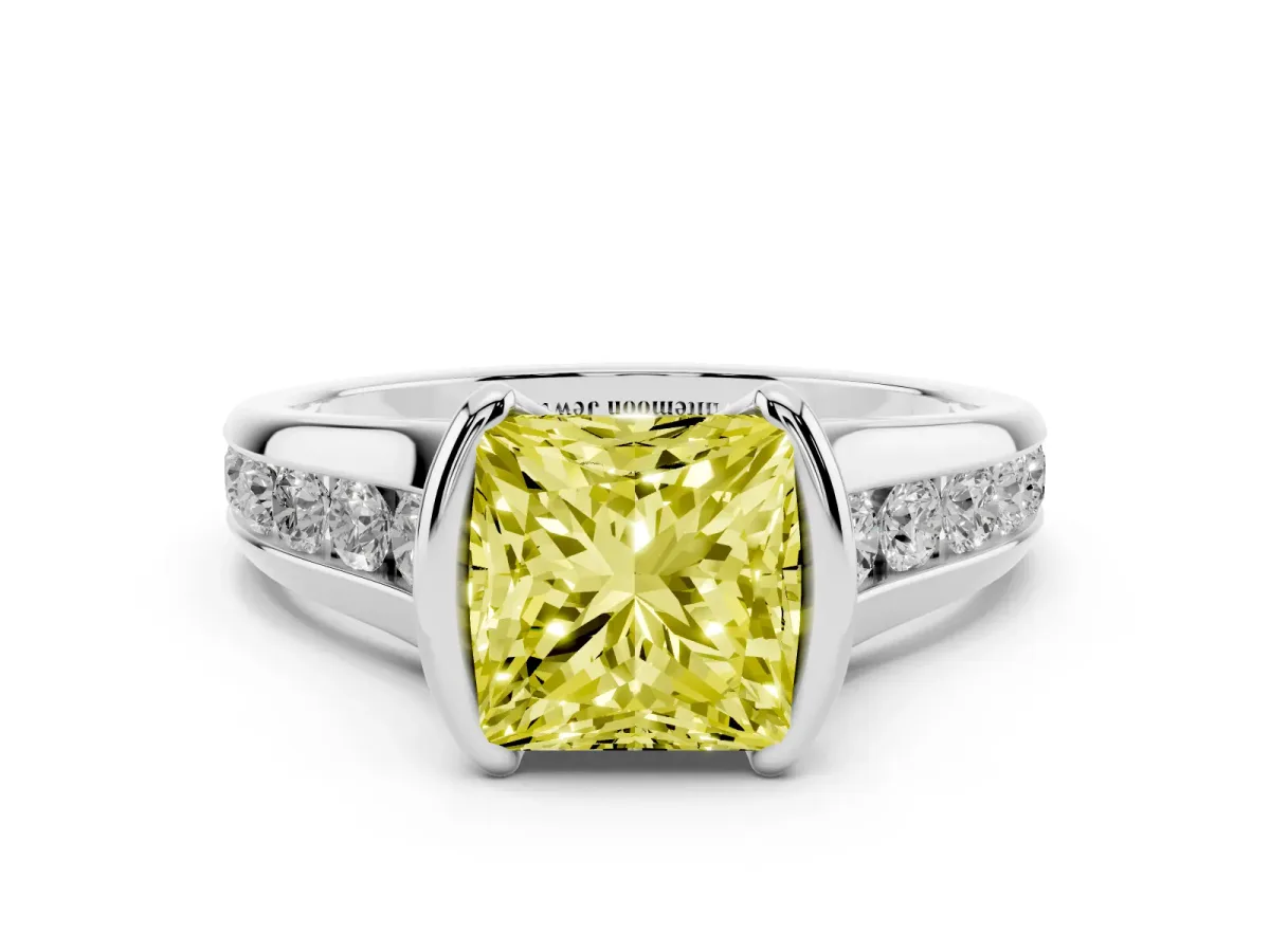 Fancy Yellow Princess Cut Solitaire Bezel-Set Diamond Ring with Channel-Set Band Silver