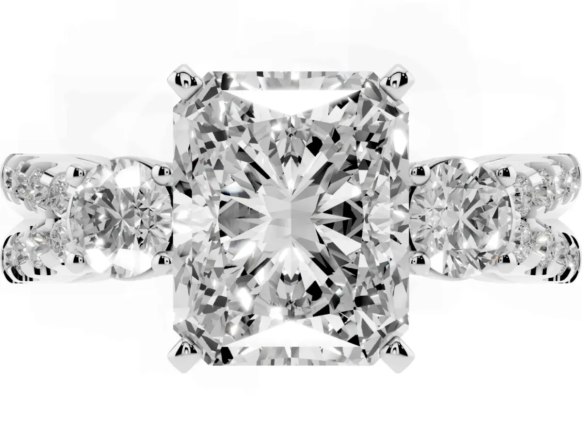 Radiant Cut Diamond Three-Stone Ring with Pavé Split Shank and Four-Prong Setting Silver