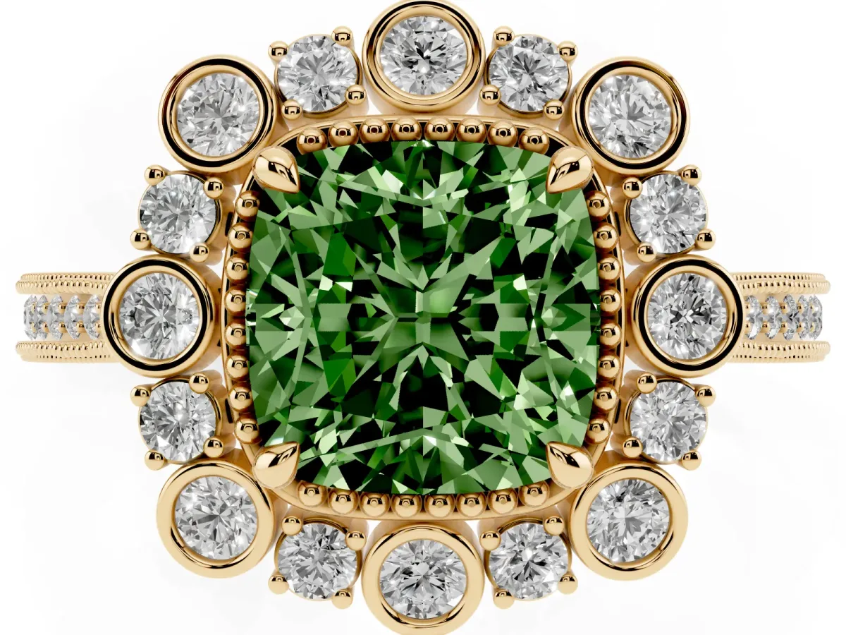 Fancy Green Cushion Cut Halo Milgrain Pave Diamond Ring with Four-Prong Setting Yellow gold