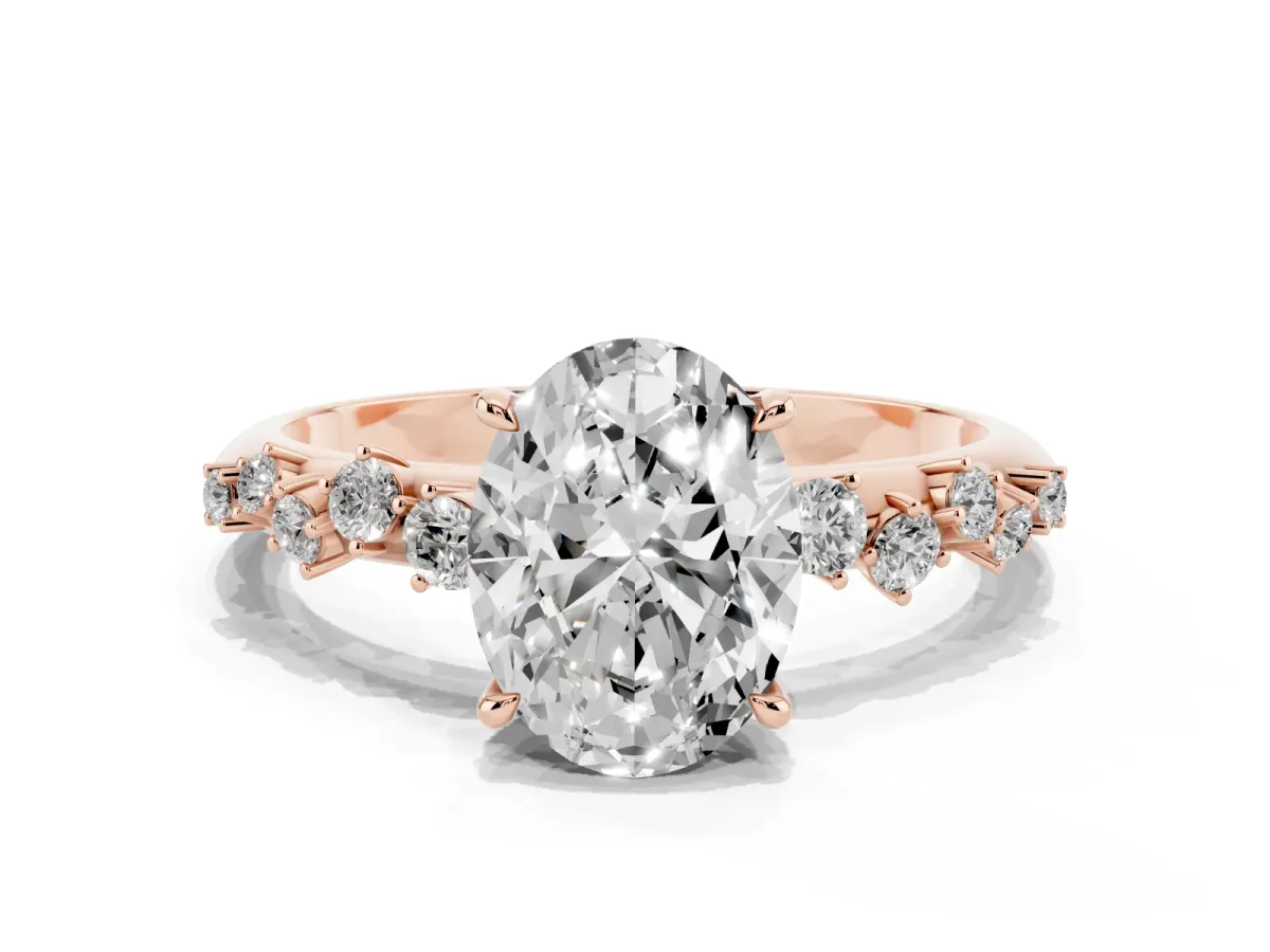 Oval Cut Diamond Cluster Side Stone Solitaire Ring with Prong Setting Rose gold