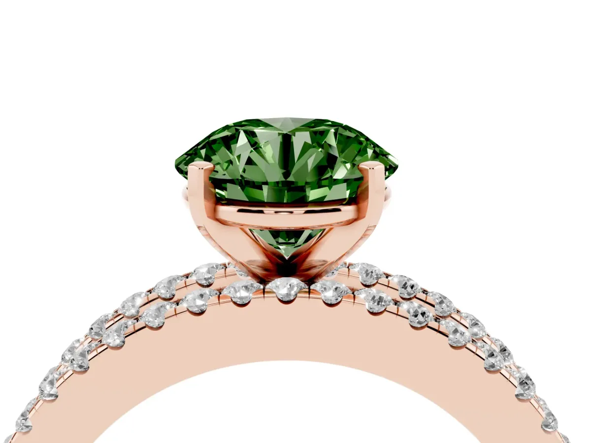 Fancy Green Round Cut Diamond Solitaire Ring with Pavé and Channel Set Band Rose gold