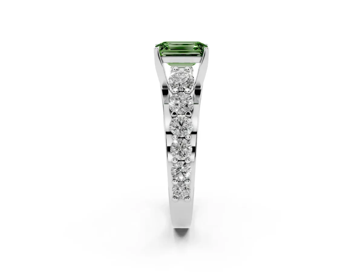 Fancy Green Emerald Cut Diamond Engagement Ring with Pavé Band and Four-Prong Setting Platinum