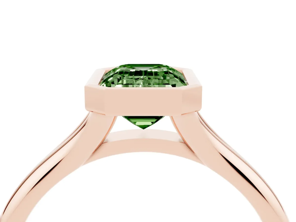 Fancy Green Bezel Set Emerald Cut Solitaire Diamond Ring with Smooth Band Rose gold