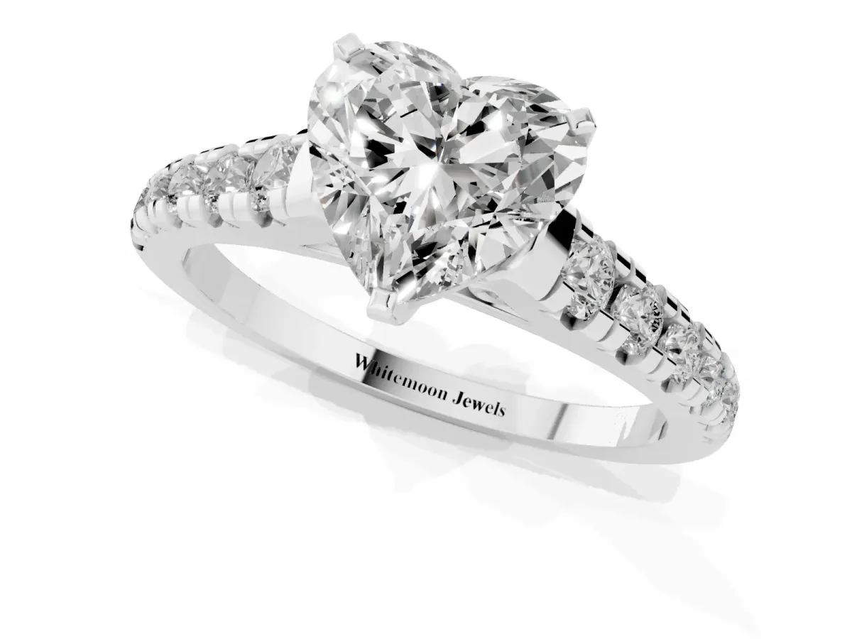 Heart Cut Diamond Cathedral Solitaire Ring with Round Pavé Band Silver
