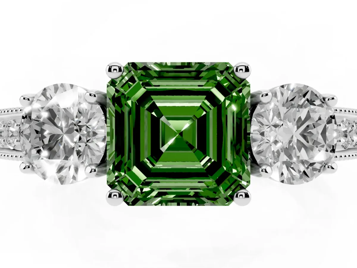 Fancy Green Asscher Cut Three-Stone Diamond Ring with Pavé Band and Four-Prong Setting Silver