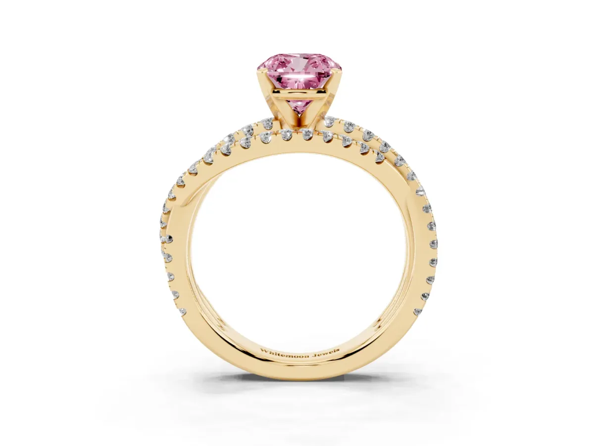 Fancy Pink Cushion Cut Solitaire Twist Band with Pavé Setting and Four-Prong Setting Yellow gold