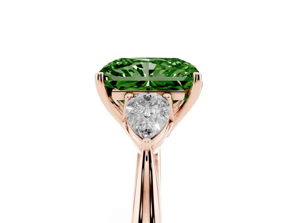 Fancy Green Radiant Cut Diamond Three-Stone Ring with Pear Side Stones and Prong Setting Rose gold