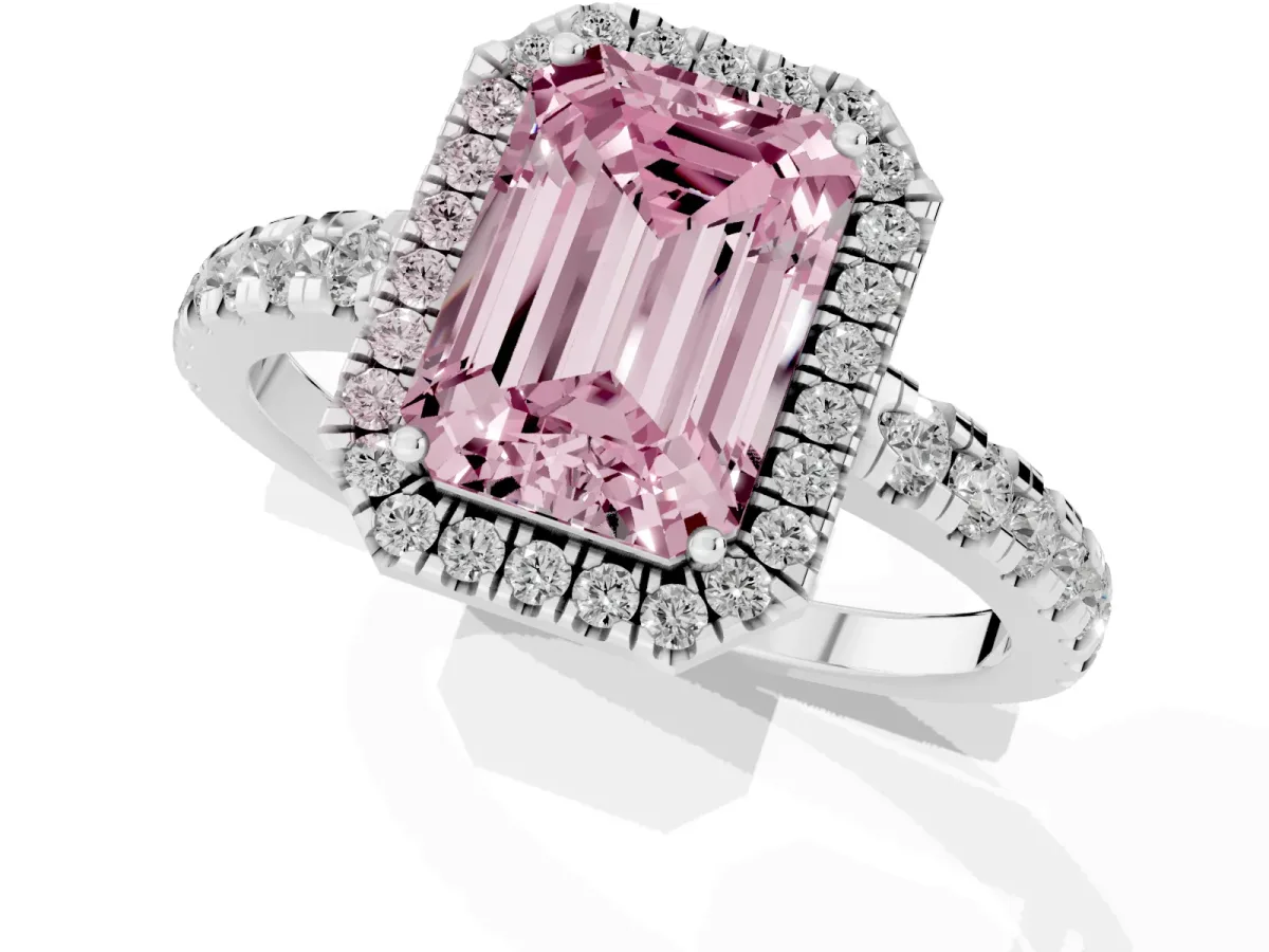 Fancy Pink Emerald Cut Diamond Halo Ring with Pavé Band and Four-Prong Setting Silver