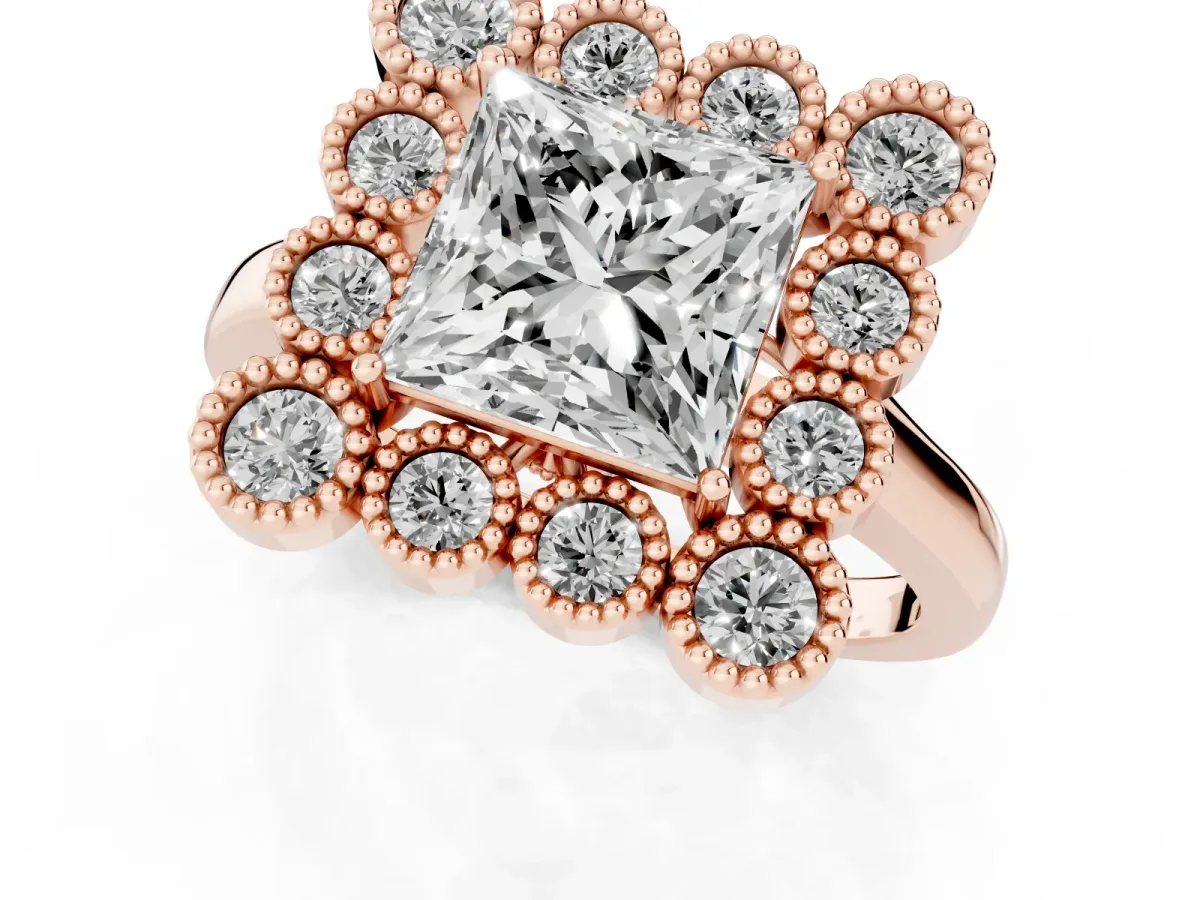 Princess Cut Halo Diamond Cluster Engagement Ring with Milgrain Bezel Setting and Solitaire Band Rose gold