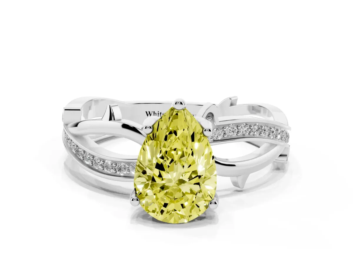 Fancy Yellow Pear Cut Solitaire Twist Band with Pavé Accents and Four-Prong Setting Platinum