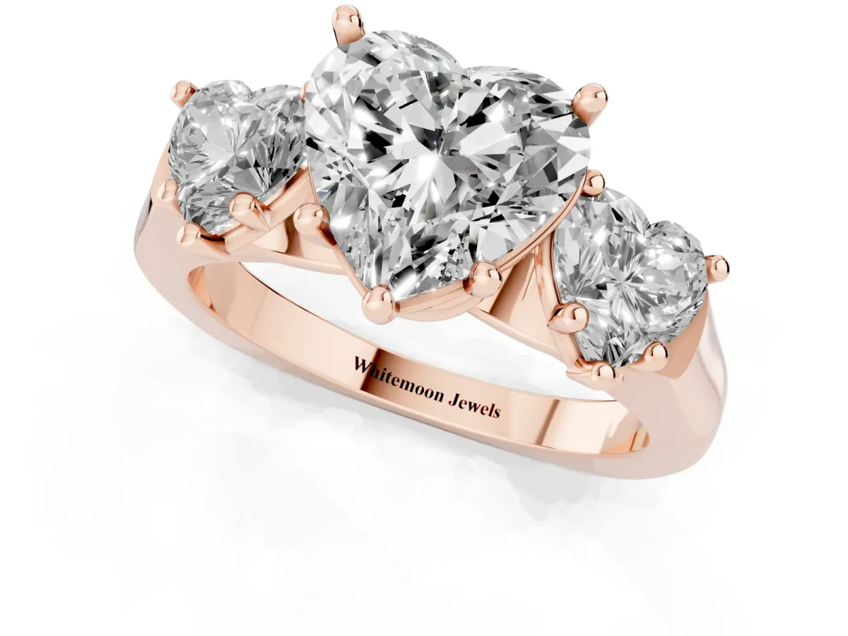 Three-Stone Heart Cut Brilliant Diamond Trellis Ring with Comfort Fit Band Rose gold