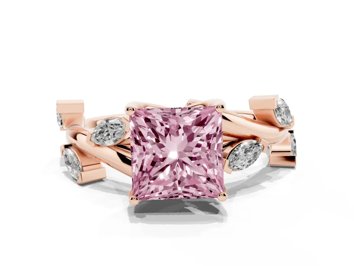 Fancy Pink Princess Cut Solitaire Twisted Band Marquise Accent Prong Setting Ring Rose gold