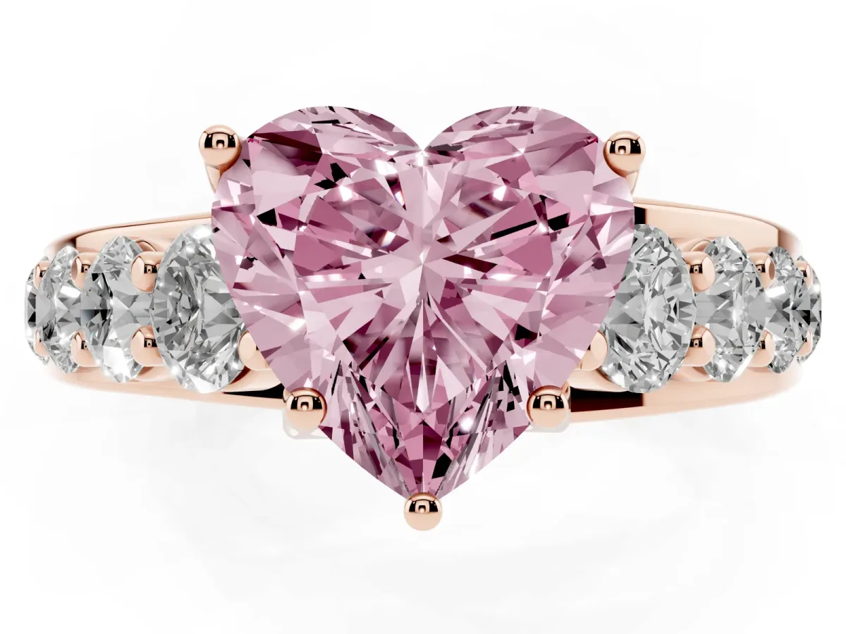 Fancy Pink Heart Cut Diamond Engagement Ring with Pavé Band and Four-Prong Setting Rose gold