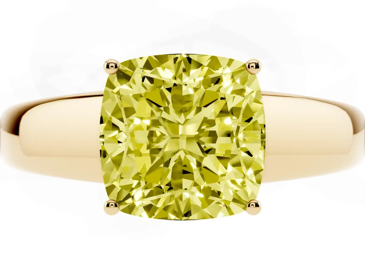 Fancy Yellow Cushion Cut Solitaire Diamond Ring with Tapered Band and Four-Prong Setting Yellow gold
