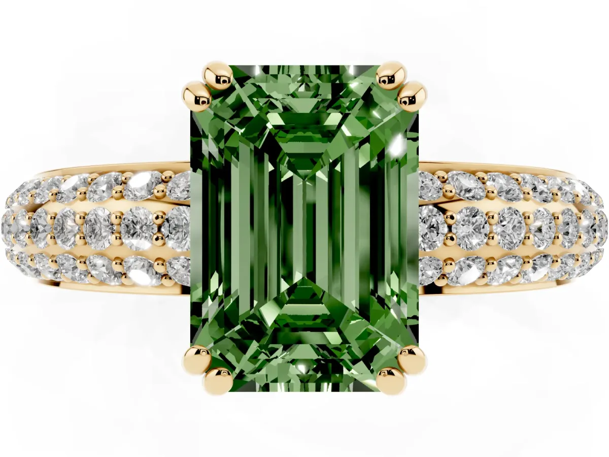 Fancy Green Emerald Cut Diamond Solitaire Ring with Multi-Row Round Pavé Band and Prong Setting Yellow gold