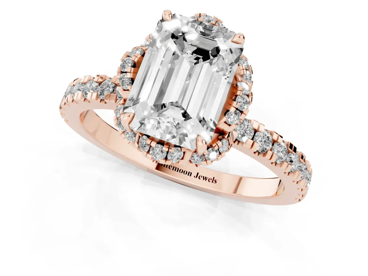 Emerald Cut Diamond Halo Pave Band with Four-Prong Setting Rose gold
