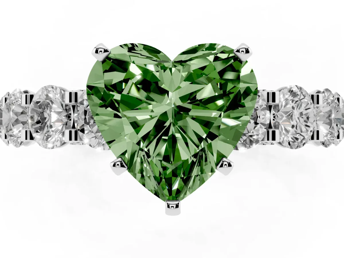 Fancy Green Heart Cut Diamond Side Stone Engagement Ring with Four-Prong Setting Silver