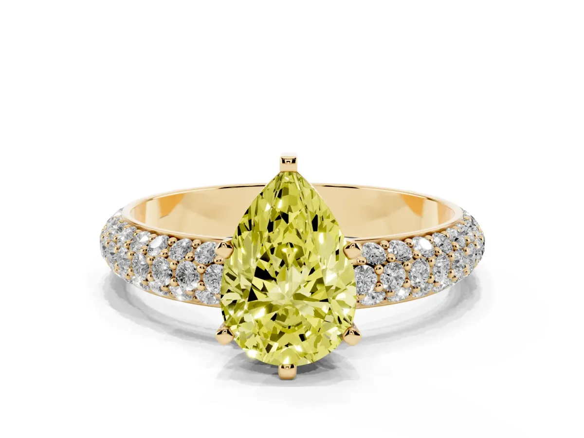 Fancy Yellow Pear Cut Diamond Solitaire Ring with Prong Setting and Pavé Band Yellow gold