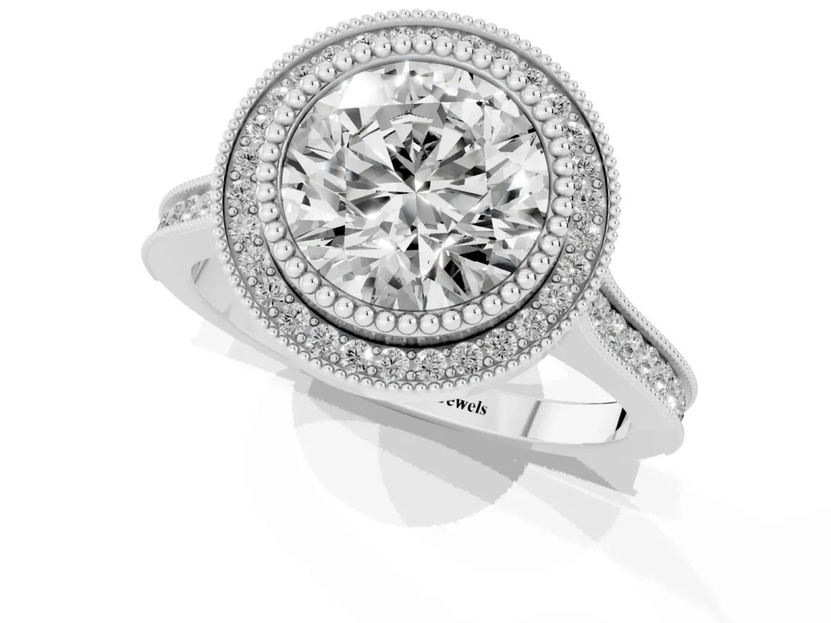 Round Cut Diamond Halo Ring with Milgrain Frame and Pavé Band Silver