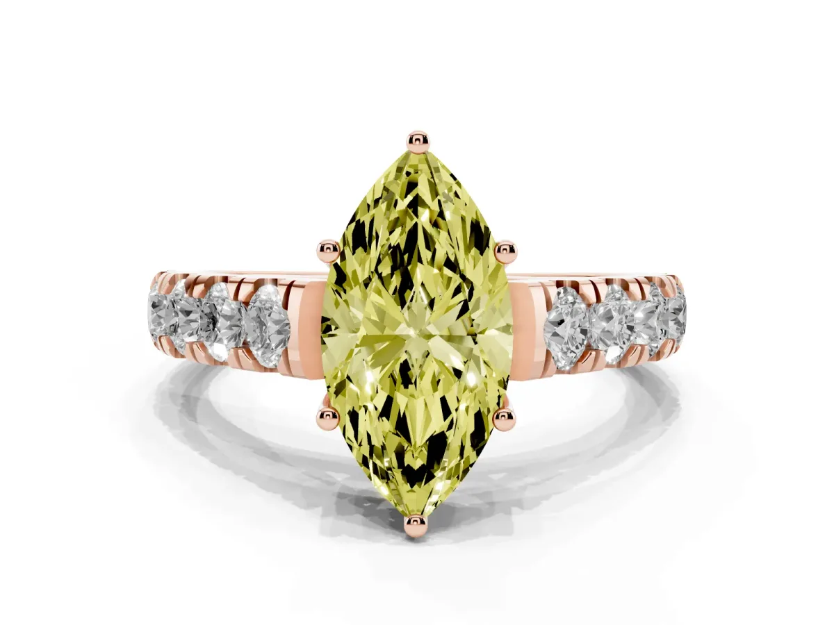 Fancy Yellow Marquise Cut Cut Diamond Solitaire Ring with Micro Pave Band and Prong Setting Rose gold