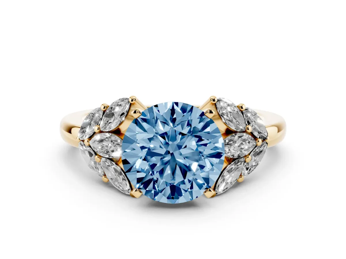 Fancy Blue Round Cut Diamond Cluster Leaf Design Ring with Prong Setting Yellow gold