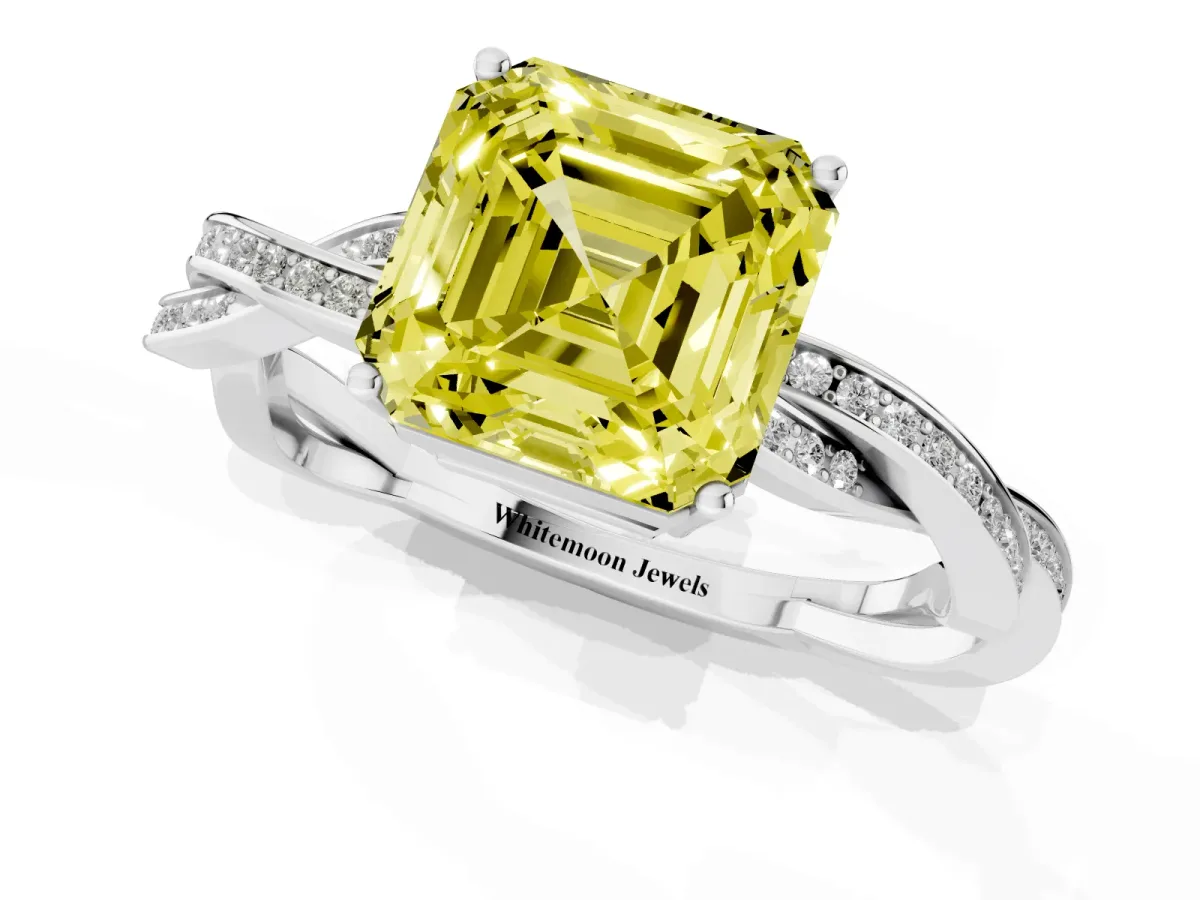 Fancy Yellow Asscher Cut Solitaire Twisted Pave Diamond Ring with Four-Prong Setting Silver