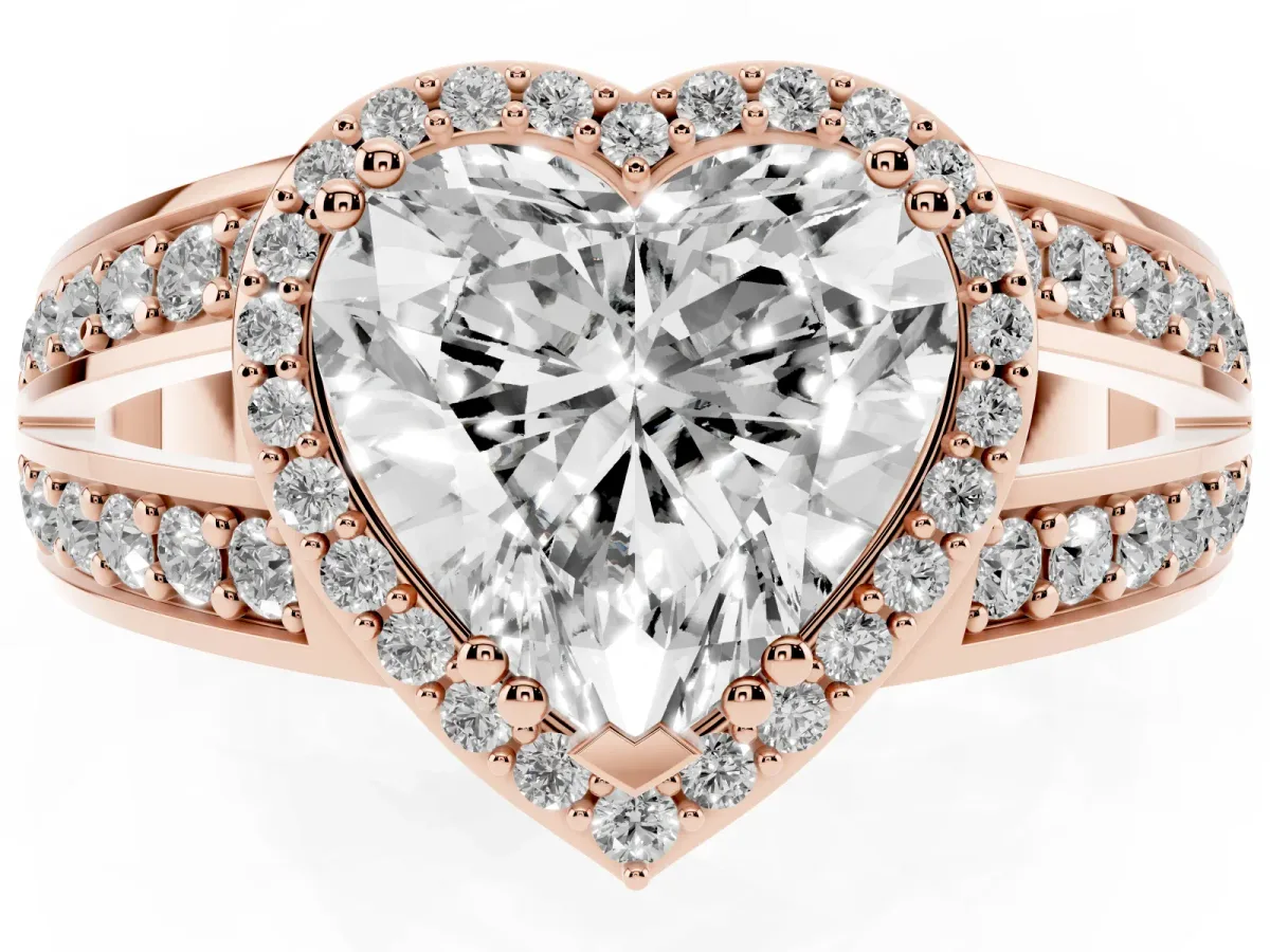 Heart Cut Diamond Halo Ring with Split Shank Pavé Band and Four-Prong Setting Rose gold