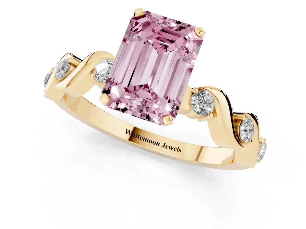 Fancy Pink Emerald Cut Diamond Solitaire Twisted Band with Round Accents and Prong Setting Yellow gold