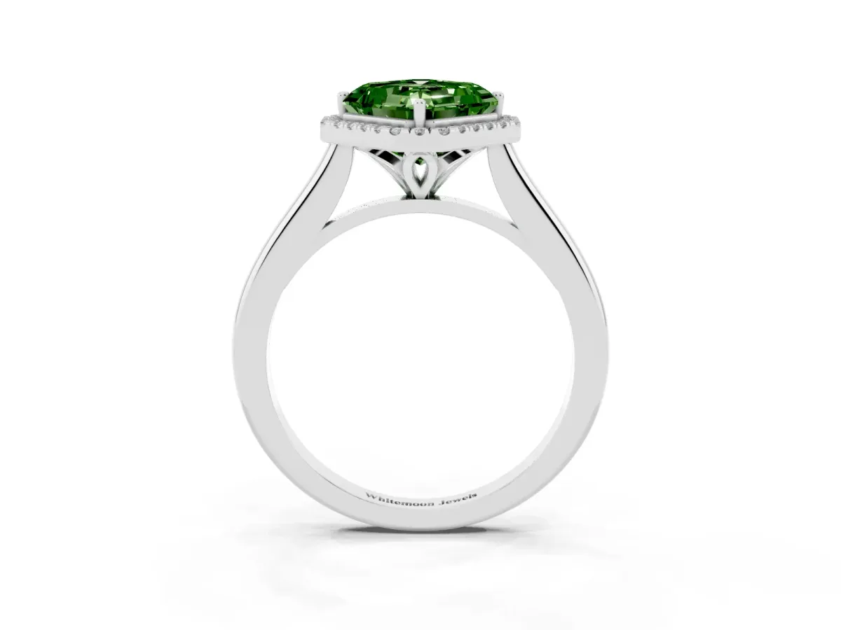 Fancy Green Asscher Cut Halo Round Diamond Solitaire Engagement Ring with Pave Band and Four-Prong Setting White gold