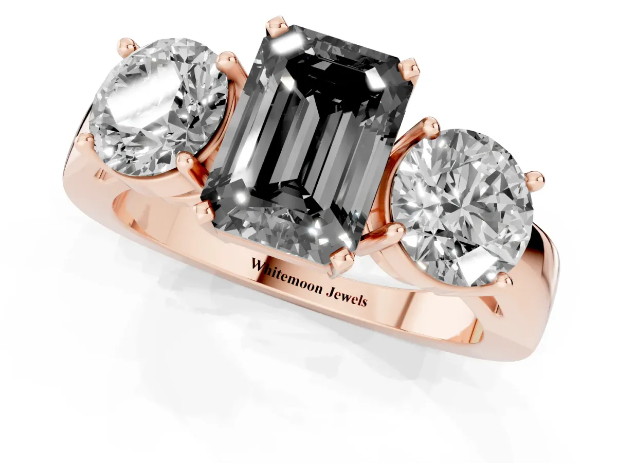 Fancy Black Three-Stone Emerald Cut Diamond Ring with Round Side Stones, Classic Band, and Four-Prong Setting Rose gold