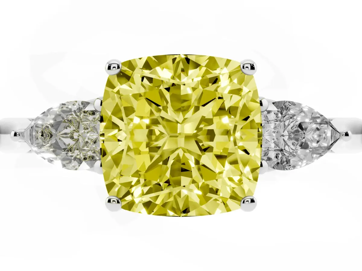 Fancy Yellow Cushion Cut Diamond Three-Stone Ring with Pear Side Stones and Prong Setting Platinum