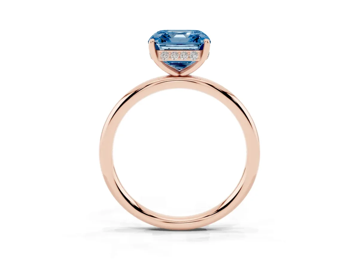 Fancy Blue Asscher Cut Solitaire Diamond Ring with a Classic Band and Four-Prong Setting Rose gold