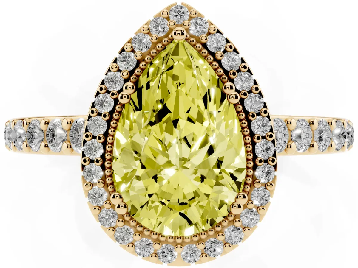Fancy Yellow Pear Cut Cut Diamond Halo Engagement Ring with Milgrain Detail and Pavé Band Yellow gold