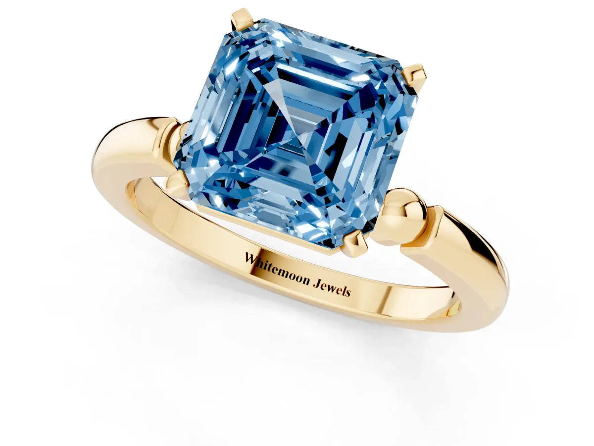 Fancy Blue Asscher Cut Solitaire Beaded Band with Four-Prong Setting Yellow gold