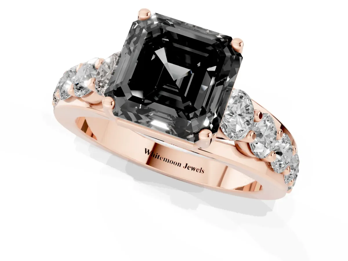 Fancy Black Asscher Cut Diamond Engagement Ring with Pavé Band and Four-Prong Setting Rose gold