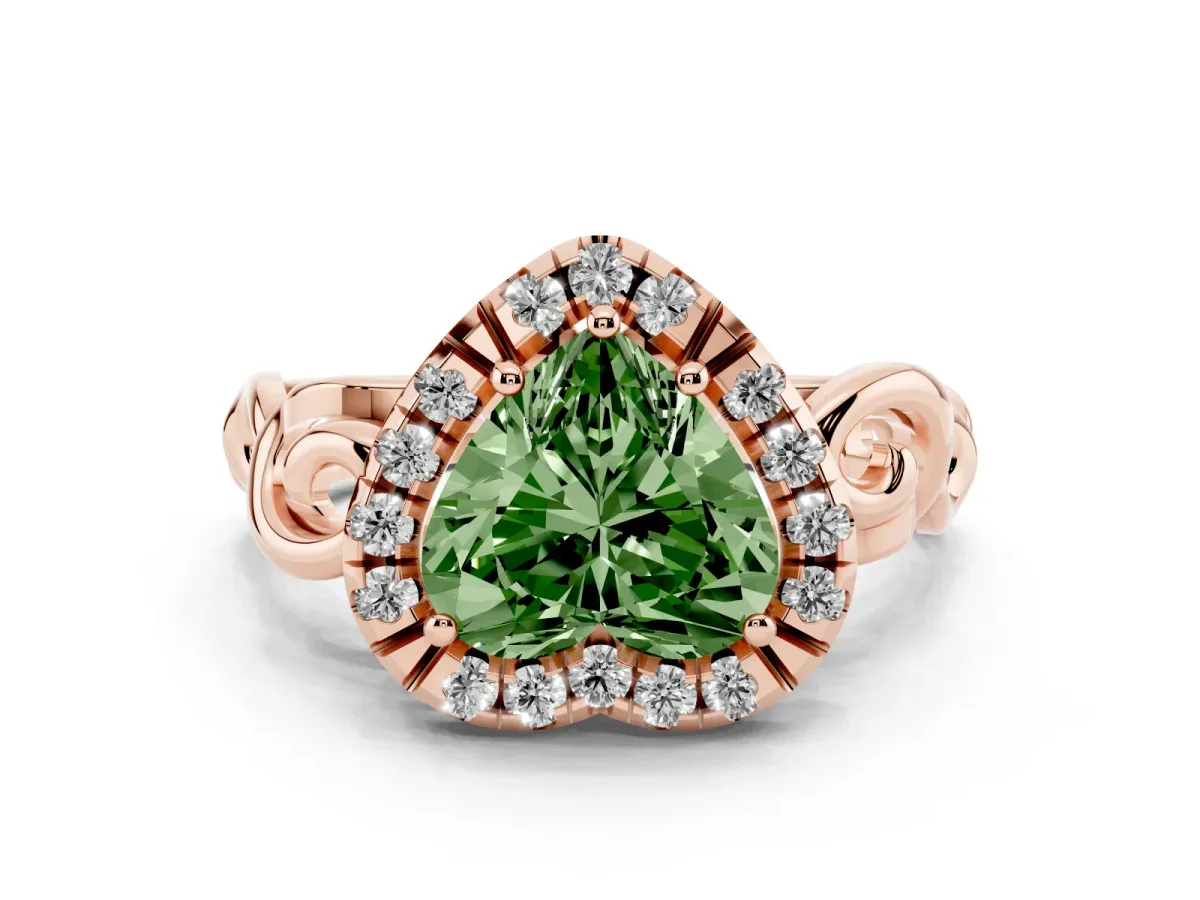 Fancy Green Heart Cut Cut Halo Diamond Ring with Scrollwork Band and Four-Prong Setting Rose gold