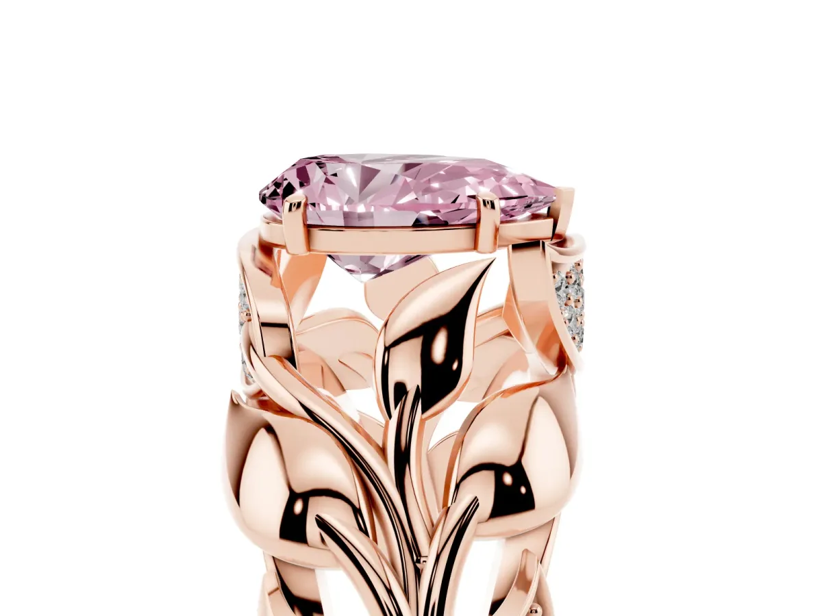 Fancy Pink Pear Cut Diamond Leaf-Inspired Engagement Ring with Round Accents and Prong Setting Rose gold