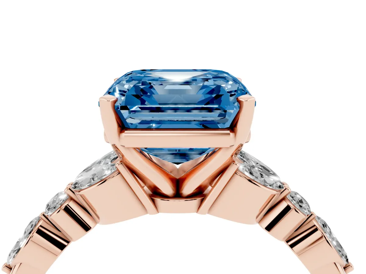 Fancy Blue Asscher Cut Diamond Solitaire Ring with Side Stones and Four-Prong Setting Rose gold