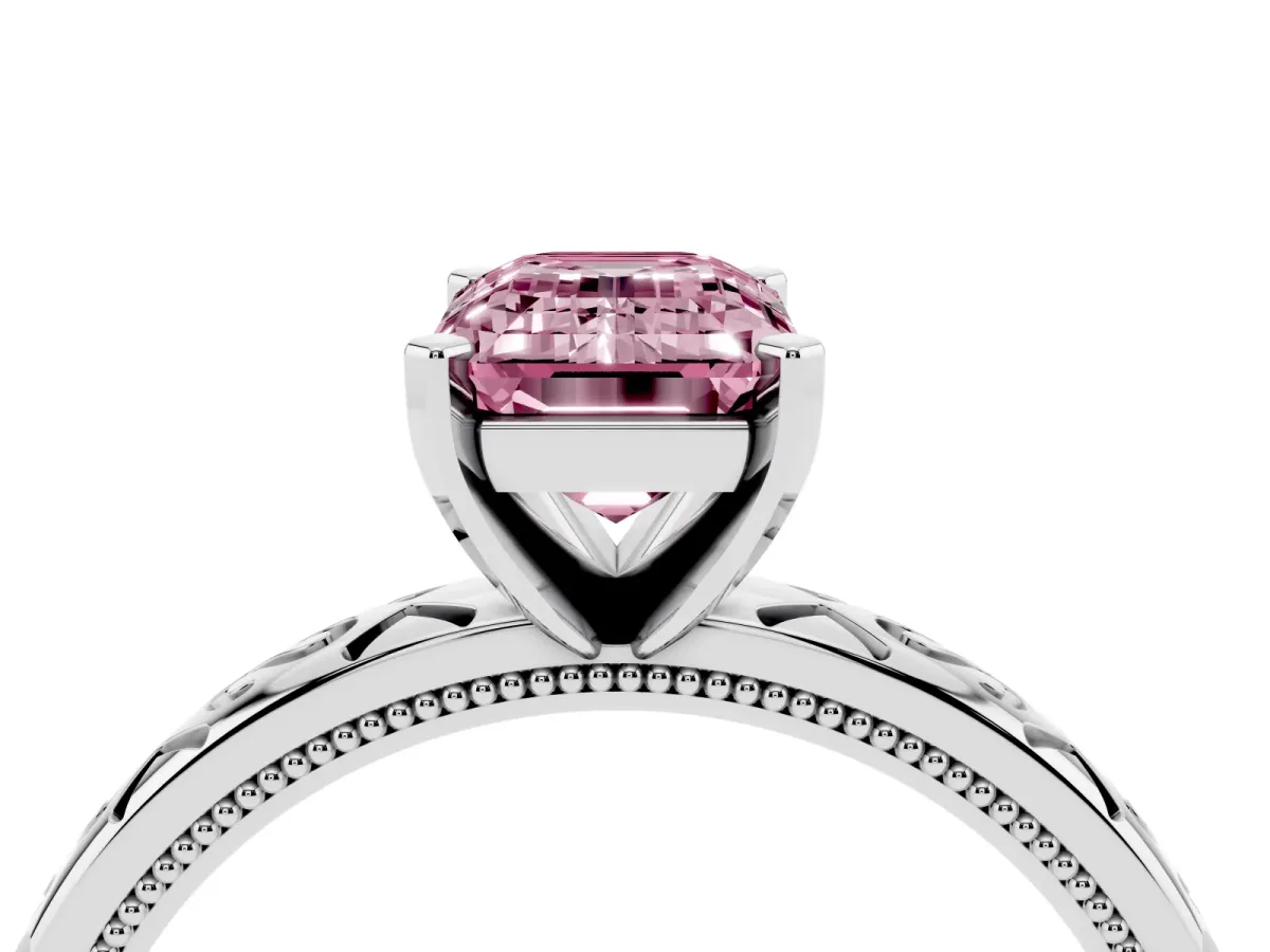 Fancy Pink Emerald Cut Solitaire Engagement Ring with Scrollwork Band and Four-Prong Setting White gold