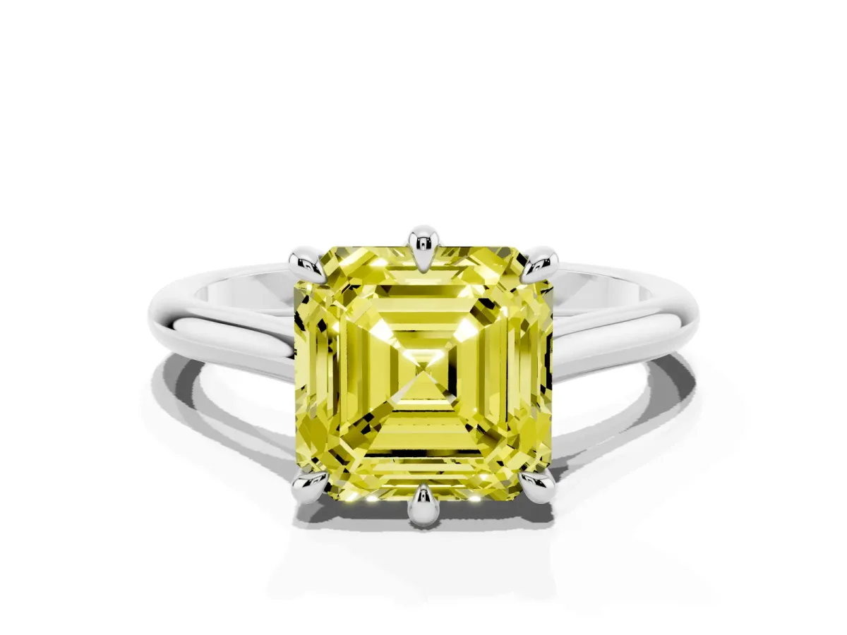 Fancy Yellow Asscher Cut Solitaire Engagement Ring with Six-Prong Setting and Classic Band Silver