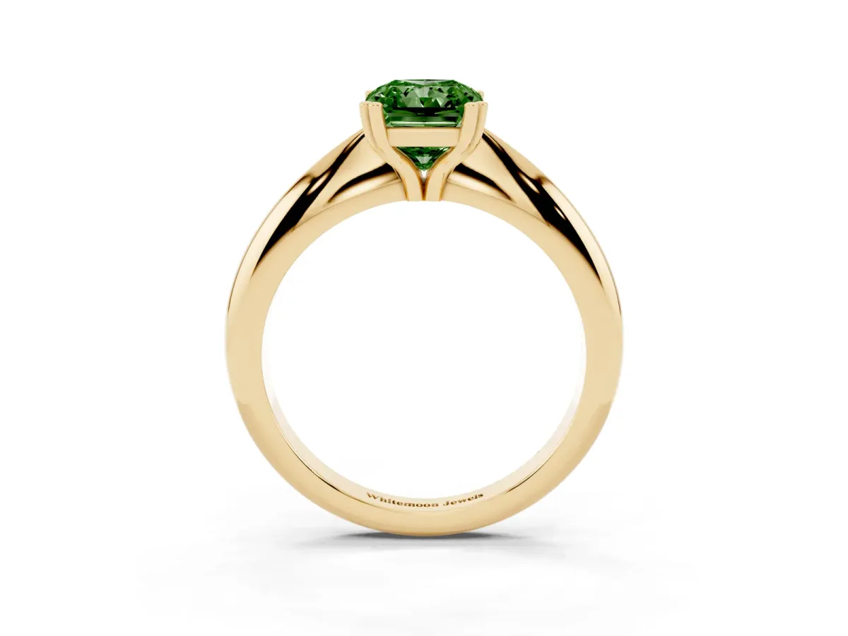 Fancy Green Radiant Cut Cut Solitaire Engagement Ring with Tapered Band and Four-Prong Setting Yellow gold