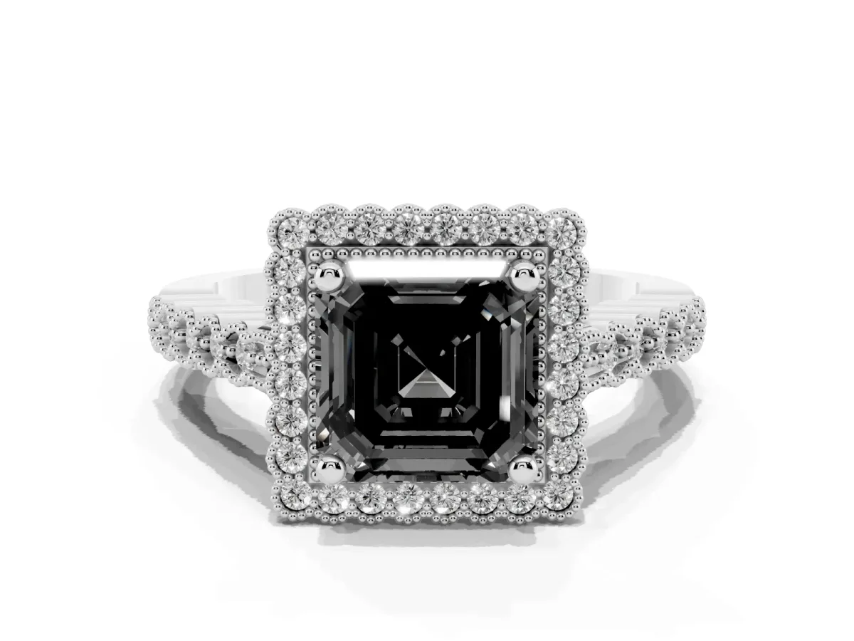 Fancy Black Asscher Cut Cut Halo Pavé Solitaire Ring with Milgrain Band Silver