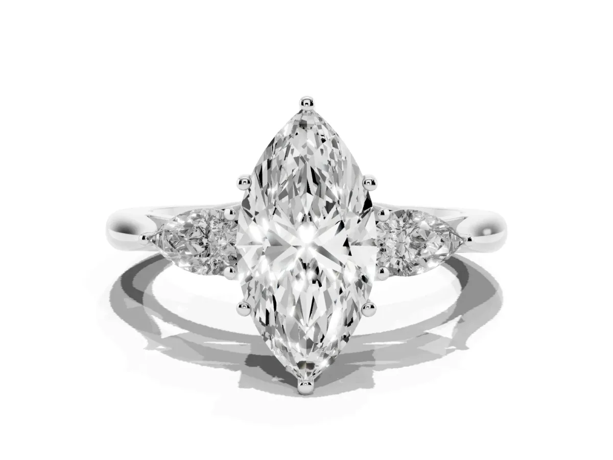 Marquise Cut Diamond Three-Stone Ring with Pear Side Stones and Prong Setting Silver