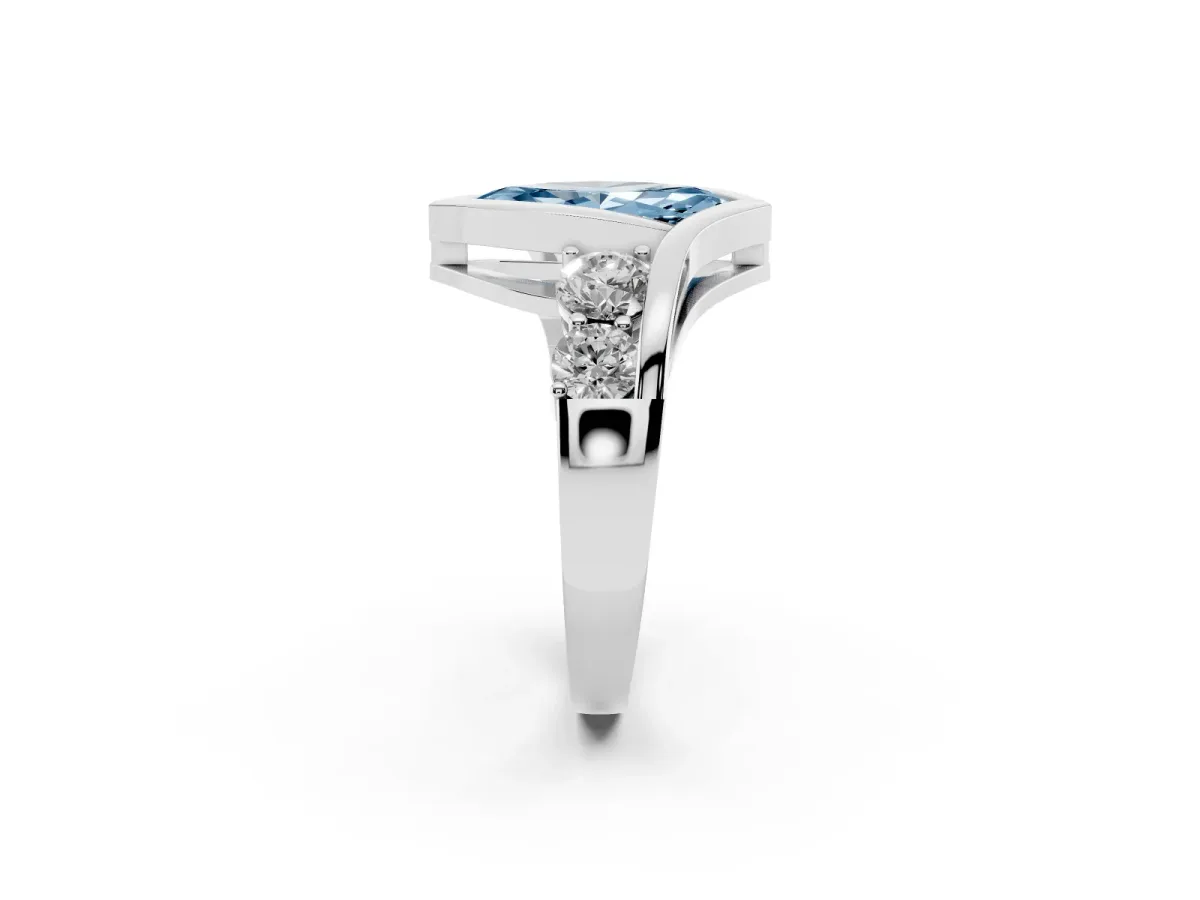 Fancy Blue Bezel Set Marquise Cut Diamond Bypass Ring with Round Accents Silver