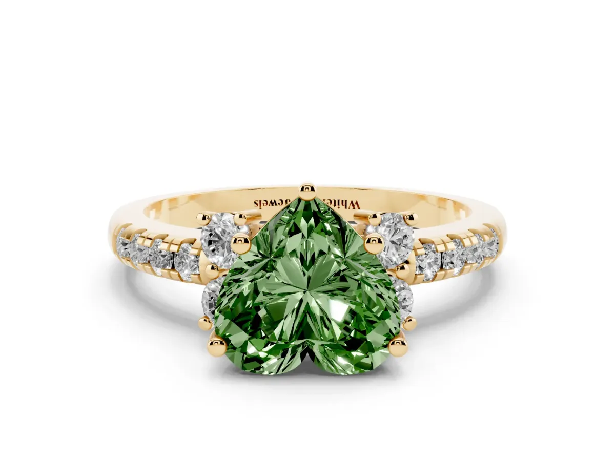 Fancy Green Heart Cut Diamond Three-Stone Pave Band with Four-Prong Setting Yellow gold