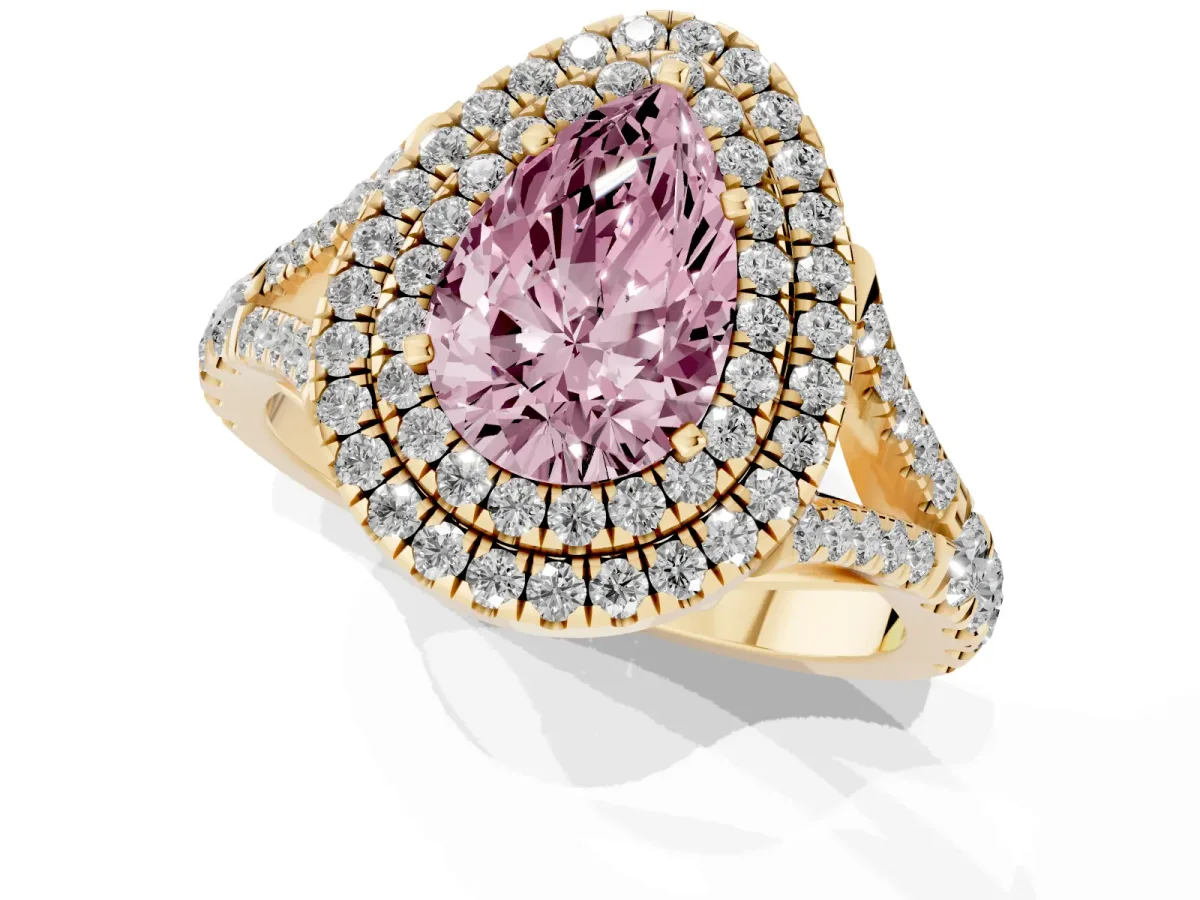 Fancy Pink Pear Cut Diamond Double Halo Ring with Split Shank and Prong Setting Yellow gold